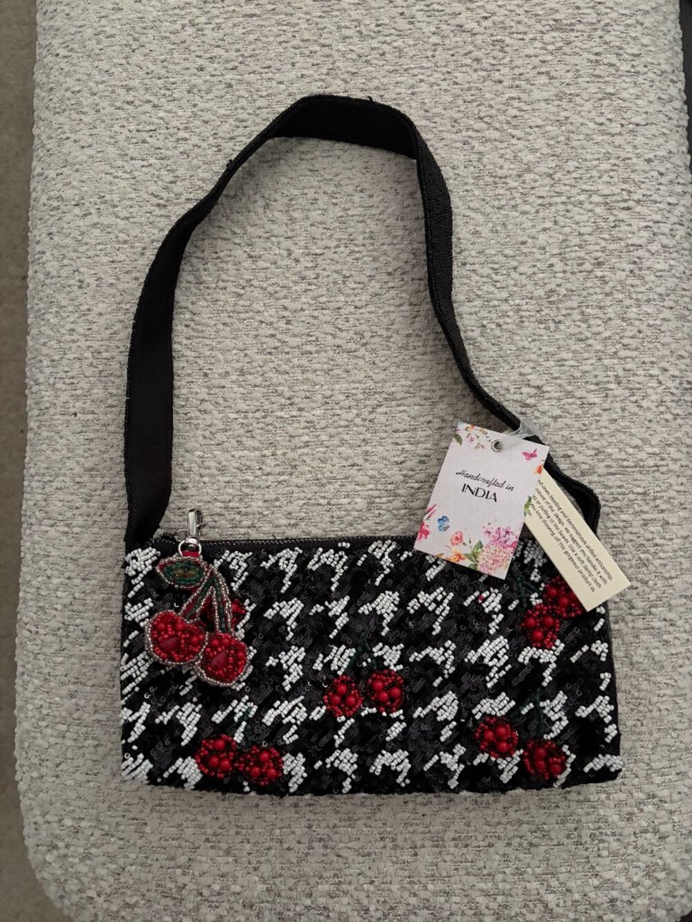 Beaded Houndstooth Handbag with Cherries NWT